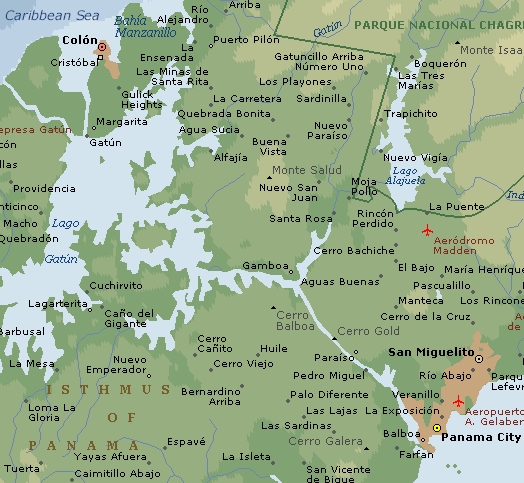 A descriptive map of the Panama Canal in Central America